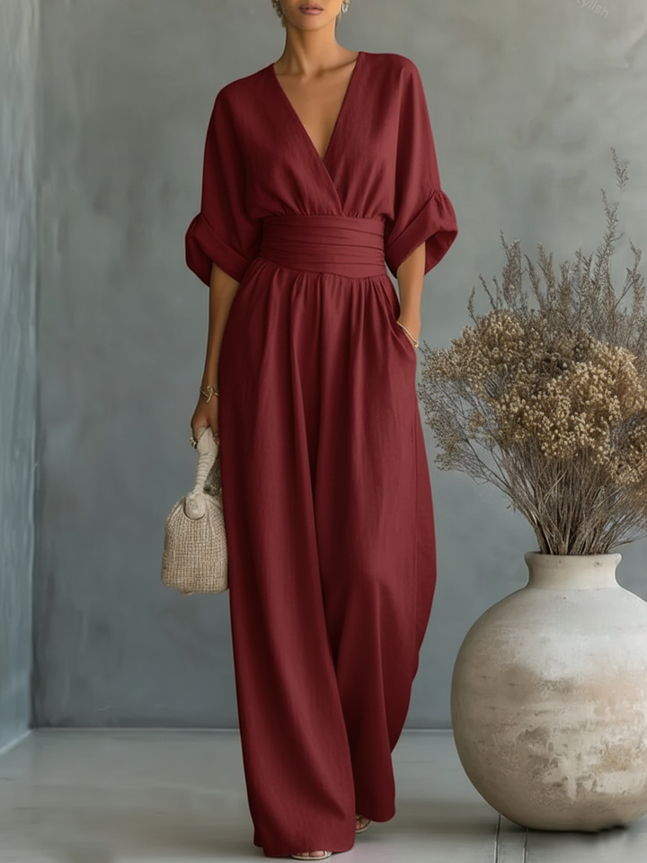 Mono elegante con cuello en V y cintura alta