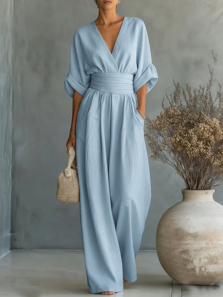 Mono elegante con cuello en V y cintura alta