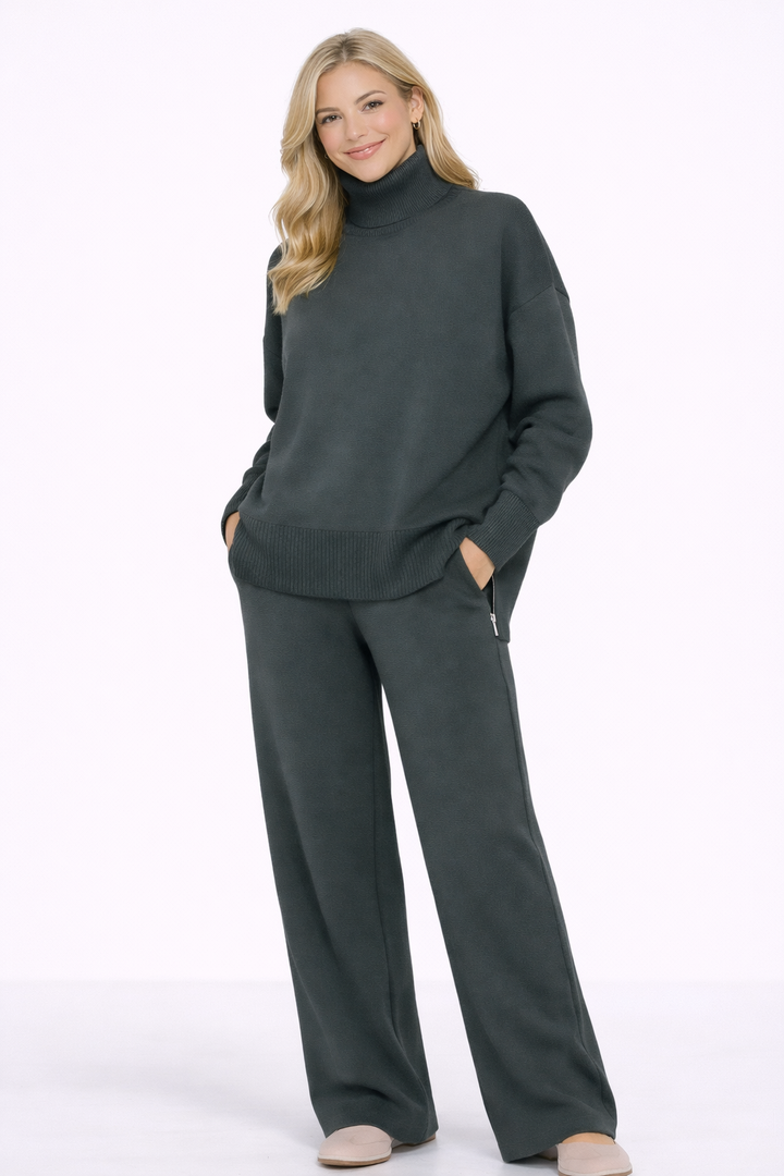 Conjunto de Dos Piezas con Cuello Alto y Cremallera, Pantalones Rectos