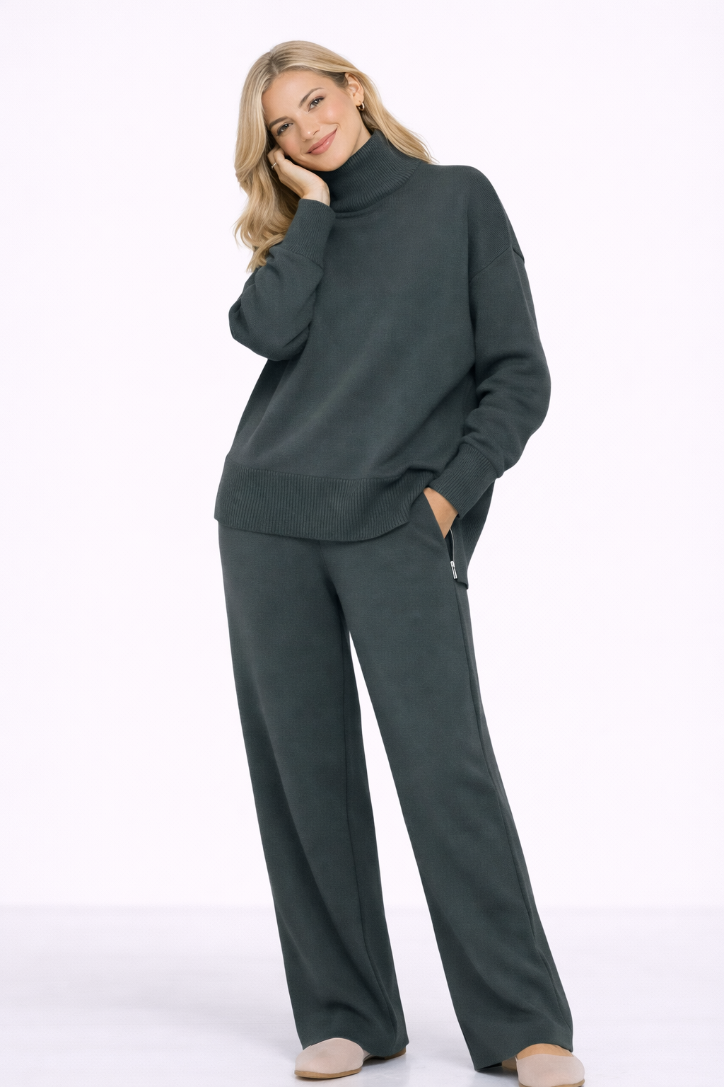 Conjunto de Dos Piezas con Cuello Alto y Cremallera, Pantalones Rectos