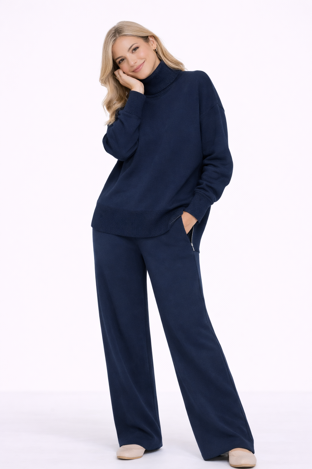 Conjunto de Dos Piezas con Cuello Alto y Cremallera, Pantalones Rectos