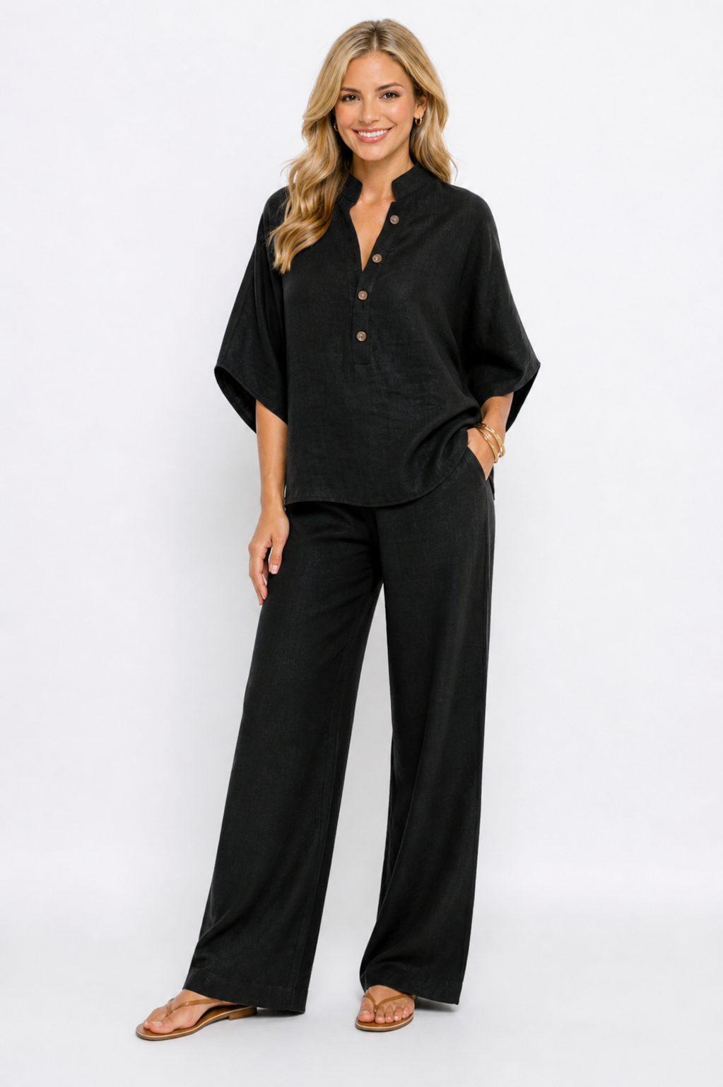 Lola™ | Conjunto de lino con mangas murciélago y pantalón ancho