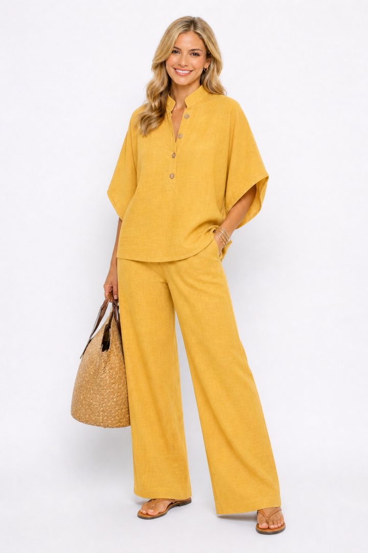 Lola™ | Conjunto de lino con mangas murciélago y pantalón ancho