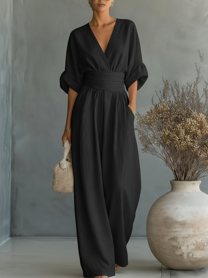Mono elegante con cuello en V y cintura alta