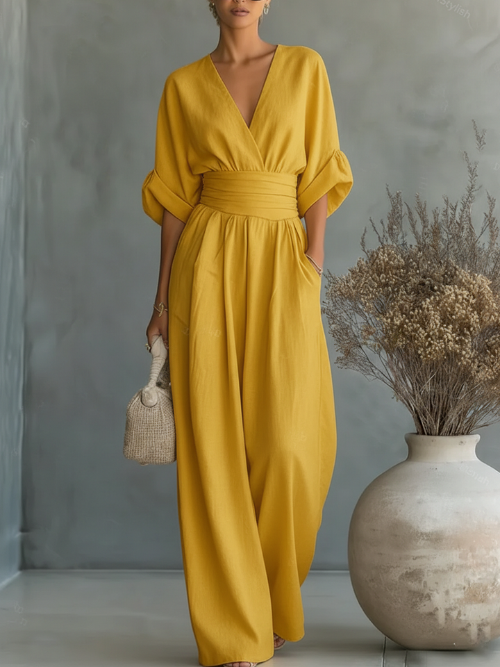 Mono elegante con cuello en V y cintura alta