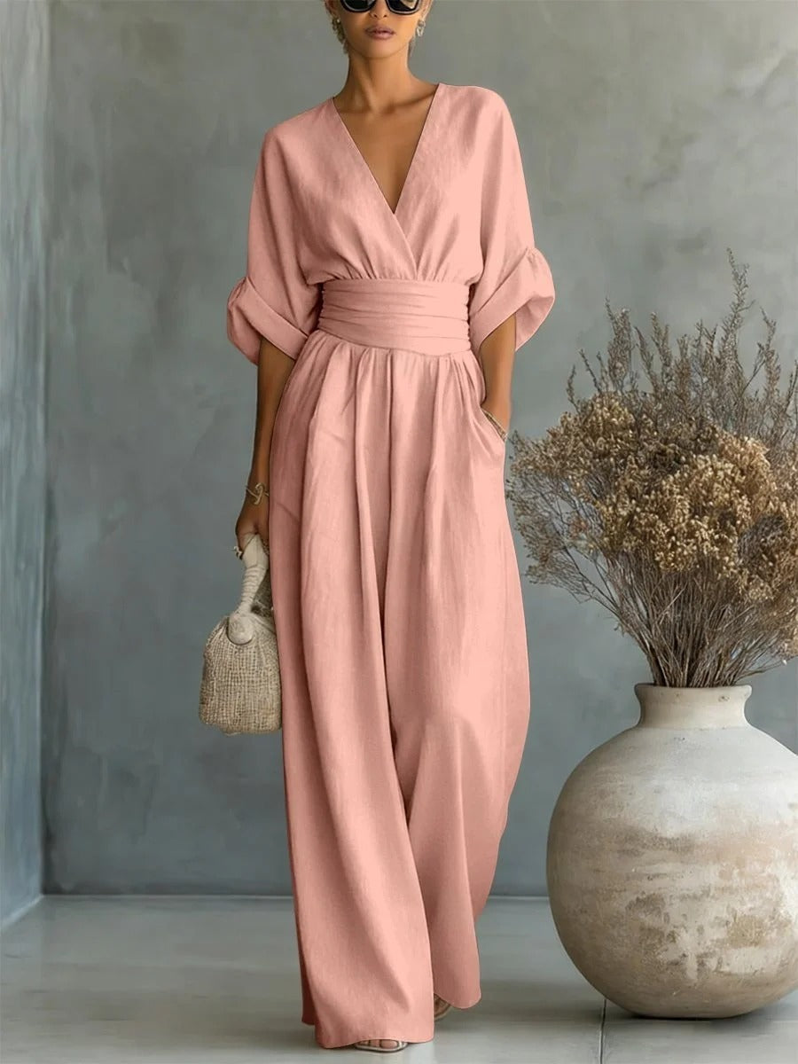 Mono elegante con cuello en V y cintura alta