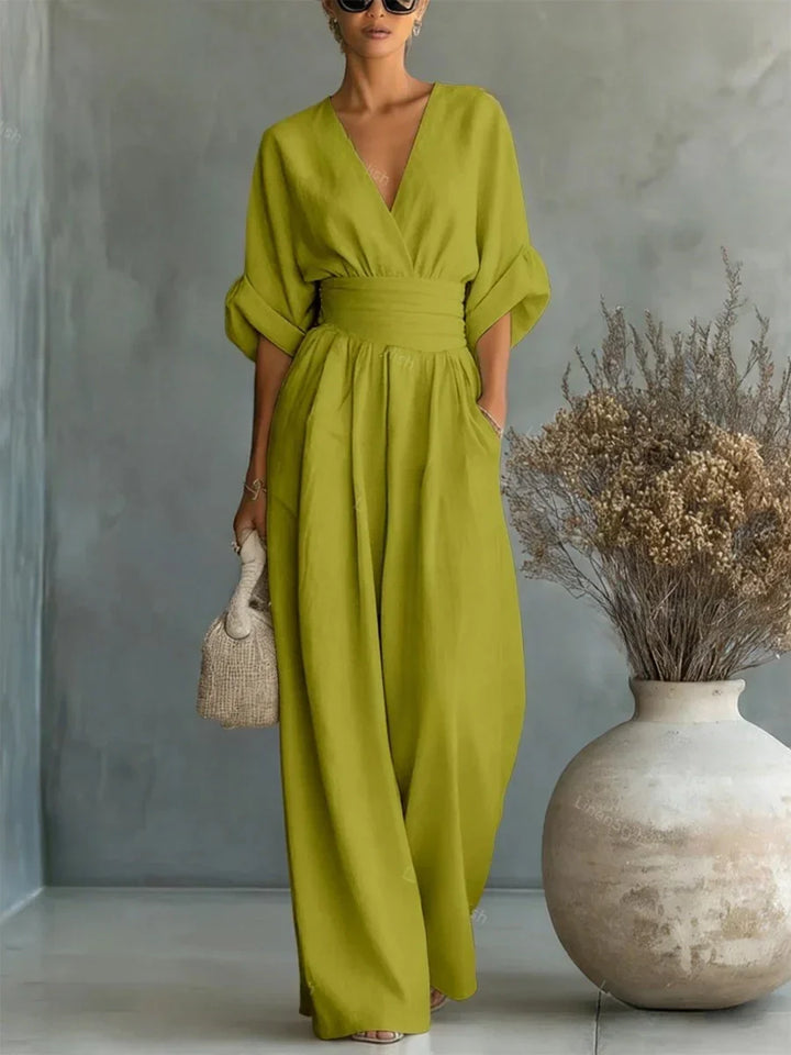 Mono elegante con cuello en V y cintura alta
